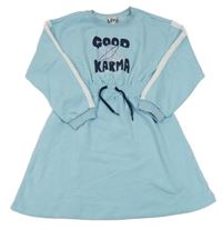 Světlemodré teplákové šaty s nápisem a atomem Pocopiano