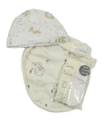 4set - Biela rebrovaná čapica so zvířaty + smetanový slinták s lvíčky + 2x bílé rukavičky