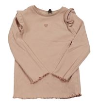 Starorůžové žebrované triko s výšivkou a volánky F&F