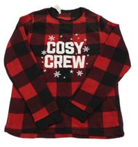 Černo-červená kostkovaná fleecová pyžamová mikina s nápisem a vločkami