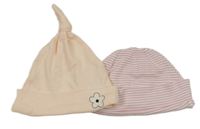 2x bavlněná čepice - meruňková s květinou + bílo-růžová pruhovaná