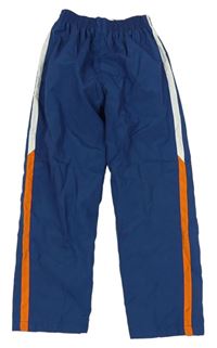 Modré šušťákové nohavice s oranžovým pruhom