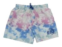 Bielo-ružovo-modré batikované plážové kraťasy s nápisom H&M