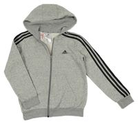 Šedá melírovaná propínací mikina s pruhy a logem a kapucí Adidas