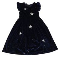 Tmavomodré sametové třpytivé šaty s hvězdami z flitrů 