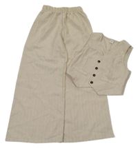 2 set - béžové pruhované široké lehké kalhoty + vesta shein