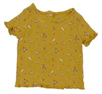 Okrové kvetované rebrované tričko Vertbaudet