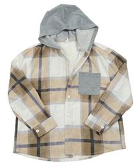 Béžovo-smetanovo-šedá kostkovaná košile s kapucí Shein