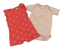 2set - Světlerůžové vzorované body + Jahodový kraťasový overal s králíčky 