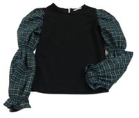 Čierno-zeleno-modrá crop blúzka s kockovanymi rukávy Shein