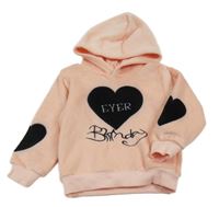 Ružovo-čierna plyšová mikina so srdiečkami a kapucňou