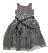 Šedo-lila tylové šaty s flitry a páskem 