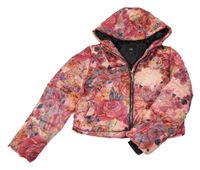 Růžovo-oranžová květovaná šusťáková crop zimní bunda s kapucí River Island