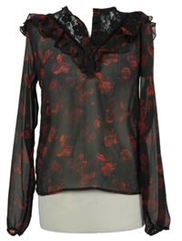 Dámská červeno-černá kytičkovaná šifonová halenka s volánky Jean Pascale