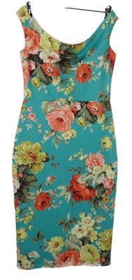 Dámske tyrkysové kvetované púzdrové šaty