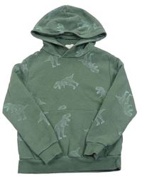 Khaki mikina s dinosaurami a kapucňou H&M