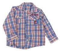 Modro-bílo-červená kostkovaná košile s nápisem 