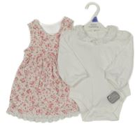 Nové - 2 set - bílé body s madeirou + bílo-růžové sametové šaty s květinami Nutmeg