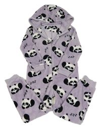 Lila chlupatá kombinéza s pandami a kapucí Primark
