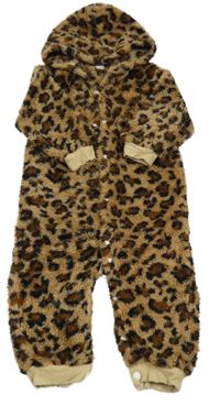 Hnědá leopardí chlupatá kombinéza s kapucí Shein