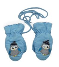 Světlemodré šusťákové zimní palcové rukavice s tučňáčkem a kožešinou Smile
