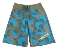 Kaki-modré vzorované plážové kraťasy s logom Adidas