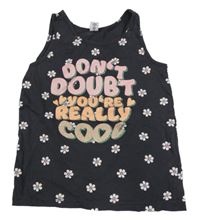 Tmavosivý top s nápisom a kvietkami Dopodopo