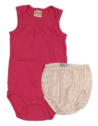 2set - Ružové body + svetloružová -biele kockované nohavičky