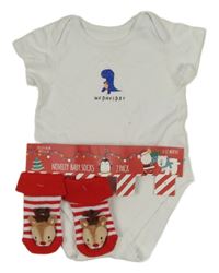 Nové - 2set - Biele body s dinosaurem + pruhované ponožky so sobmi