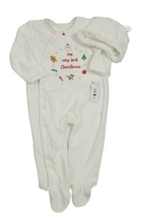 Nové - 2set - Biely zamatový overal s vánočním motivem + čapica Dunnes