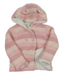 Růžovo-světlerůžový pruhovaný propínací zateplený svetr s kapucí Mothercare