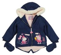 Tmavomodrá šusťáková zimní parka s Pepinou a kapucí + rukavice Nutmeg
