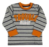 Sivo-tmavomodrá pruhovaná mikina s nápisom