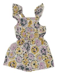 Růžovo-šedo-okrový kytičkovaný plátěný letní overal 