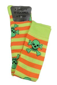 Nové - Neonově žluto-oranžové pruhované nadkolenky s lebkami vel. 31-34