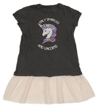 Tmavošedo-růžová tunika s jednorožcem z flitrů a tylovým volánkem C&A