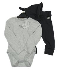 Nové - 3set - Antracitové tepláky + pruhované body s nápisem + čapica F&F
