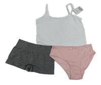 Nové - 3set - Bílá košilka + světlerůžové kalhotky s puntíky + šedé nohavičkové kalhotky