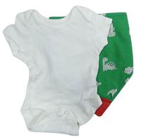 2Set - Bílé body M&S + zelený šátek/slinták s dinosaury a kousátkem 