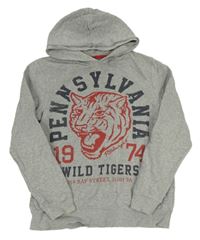 Šedá melírovaná mikina s tygrem a nápisy a kapucí C&A