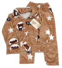 Nové - hnědé plyšové pyžamo s medvídky a hvězdičkami 
