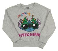 Sivá melírovaná oversize mikina so Stitchem s flitrami a vánočním motívom George