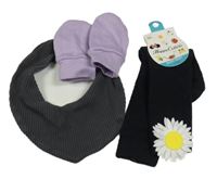 Nové - 3Set - Černé žebrované  nadkolenky s 3D kopretinou + tmavošedý žebrovaný šátek H&M + levandulové rukavice