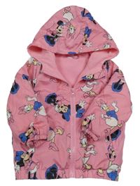 Růžová šusťáková jarní bunda s Minnie a Daisy a kapucí Disney