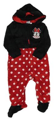 Červeno-čermá plyšová kombinéza s Minnie a puntíky a kapucí Disney