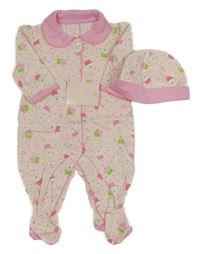 Nové - 2Set - Světlerůžovo-růžový puntíkatý overal s dortíky a límečkem + čepice saannah baby