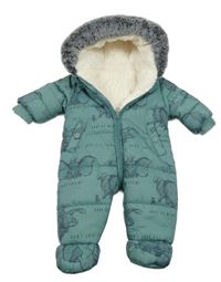 Olivovošedá prošívaná šusťáková zimní kombinéza s Dumbem a kapucí s kožešinou George