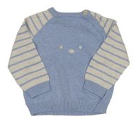 Modro-svetlobéžový melírovaný sveter s medvedíkom a pruhmi Tu
