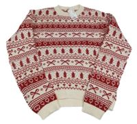 Nové - smetanovo-červený vzorovaný vlnený sveter s mašľami a srdiečkami a stromčekmi  H&M