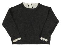 Tmavosivý melírovaný rebrovaný sveter s bielými volániky s madeirou PRIMARK